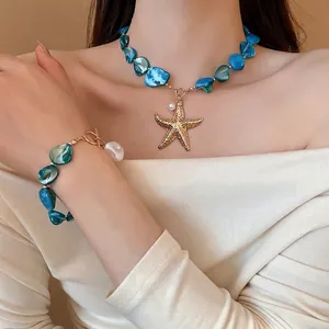 Blue shell and starfish necklace set with bracelet for beach vacation luxury style