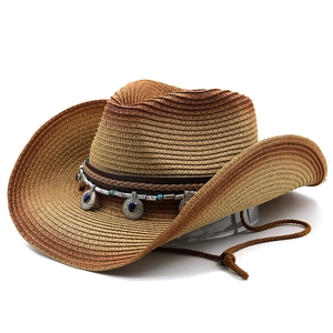 Men's western cowboy straw hat with gradient coffee color and turquoise ethnic band