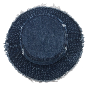 Top view of vintage dark blue denim bucket hat with distressed frayed edge details
