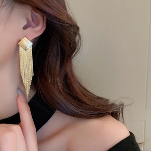 Close-up of gold tassel earrings with metallic chain fringe on female model