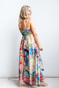 Detail of the elastic back design on this colorful summer map print maxi dress for women