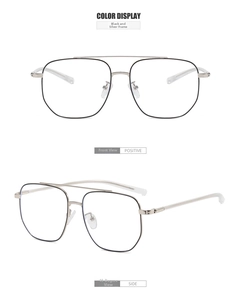 Front and 45-degree views of black and silver double bridge metal optical frames
