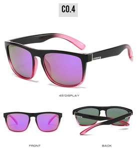 Three-angle views of polarized sunglasses with black-pink gradient frame and purple lenses