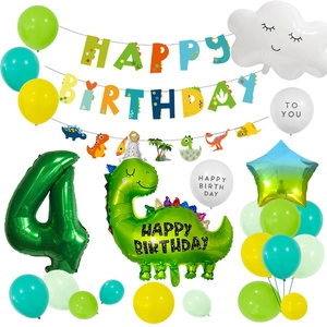 Detailed set of dinosaur party decorations with balloons banners and a green number 4 foil