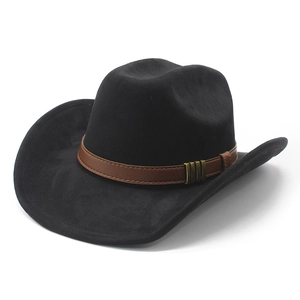 Classic black faux suede wide brim western cowboy hat with brown leather buckle band