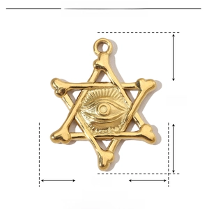 Detail view of 25mm gold stainless steel hexagram and eye pendant with measurements