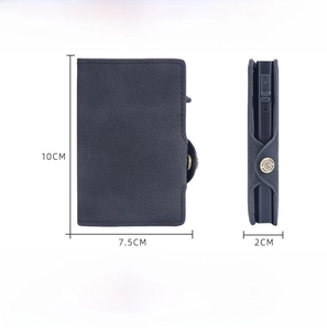 Detailed specifications showing dark grey RFID card holder dimensions 10x7.5x2cm and 113g weight