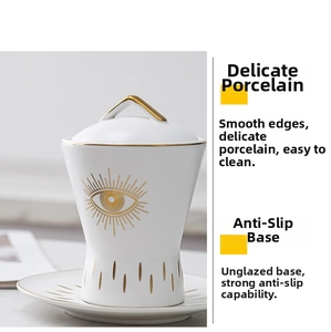 Detailed view of Turkish Evil Eye ceramic jar with gold-plated rim and non-slip bottom base