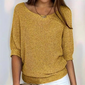 Eleganter senfgelber Strickpullover mit Rundhalsausschnitt und Dreiviertelarm für Damen