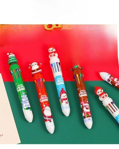 Detailed view of 10-color Christmas ballpoint pens with 3D Santa and snowman toppers