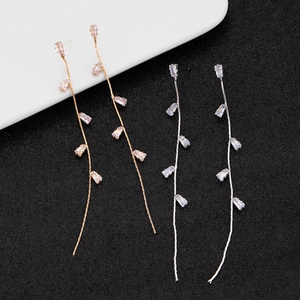 Detail of long tassel earrings with rectangular zircons in gold and silver finish