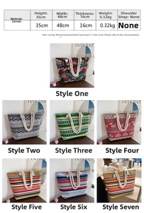 Size chart and styles of large canvas tote bag with ethnic prints and cotton rope handles