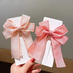Girls Bow Hair Clips Double Layer Mesh Chiffon Bowknot Barrette With Beaded Edge Handmade Hairpins For Kids Princess