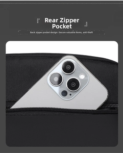 Detail of anti-theft back zipper pocket for large smartphone on black crossbody bag