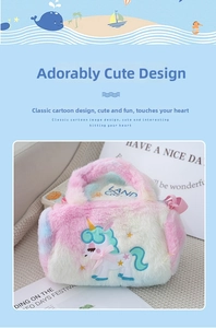 Close-up of unicorn embroidery and pink silk bow on gradient plush crossbody bag