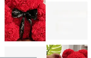 Detailed view of handmade red foam rose bear with a black decorative Just for you ribbon