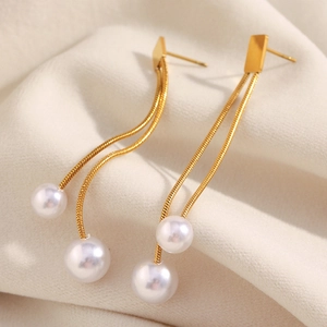 Elegant 18K gold plated stainless steel tassel earrings with white faux pearls