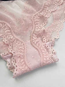 Close-up of pink sheer mesh panties with delicate polka dots and intricate lace trim