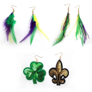 Mardi Gras feather earrings set in gold, purple, and green with sequins clover charms