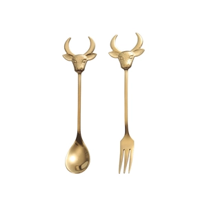 Golden 304 stainless steel dessert spoon and fruit fork set with creative cow head handles