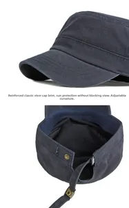 Detail of navy cotton flat top cap showing reinforced brim and adjustable metal buckle
