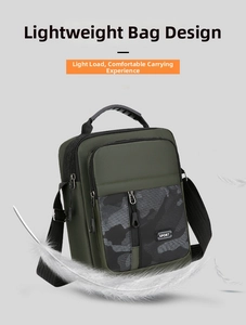 Detail view of lightweight army green sports crossbody bag with camouflage pattern and feathers
