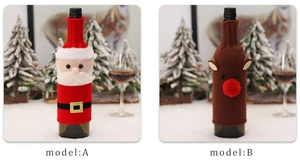 Knitted Christmas wine bottle covers featuring Santa and Reindeer holiday designs
