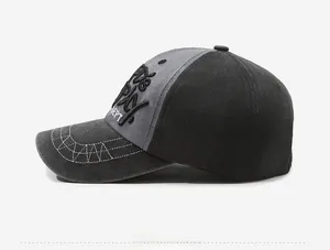 Detail of gray and black washed cotton baseball cap with 3D DEPT letter embroidery