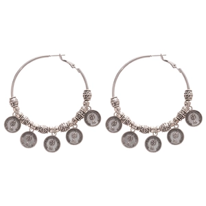 Vintage silver geometric hoop earrings featuring multiple queen portrait coin charms