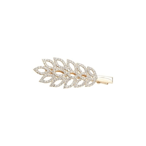 Elegant gold metal flower hair clip with sparkling rhinestones for women on white background