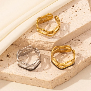 Polished 304 Stainless Steel Open Ring Hollow Wavy Enamel Geometric Adjustable Minimalist Modern Jewelry Accessory For Women Men
