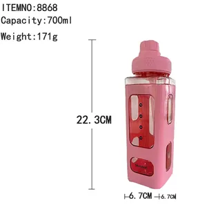 Pink square 700ml plastic sports water bottle with handle and capacity markers
