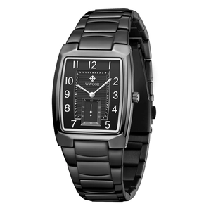 Elegante schwarze WWOOR Edelstahl-Quarzuhr mit Tonneau-Gehäuse und Mesh-Zifferblatt