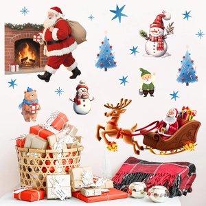Christmas wall decal set featuring Santa, reindeer and snowman for home decoration