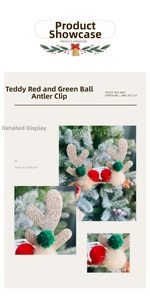 Close-up of glittery reindeer antler hair clips with red and green pom-poms on a Christmas tree