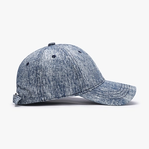Adjustable blue and white mixed fabric baseball cap with reinforced stitching detail