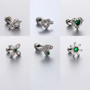 Cartilage Stud Earrings Titanium Steel Emerald Green Zircon Heart Fan Shape Unique Elegant Niche Screw Back For Women
