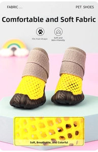 Close-up of yellow breathable mesh pet shoes with elastic knit cuffs and non-slip rubber soles