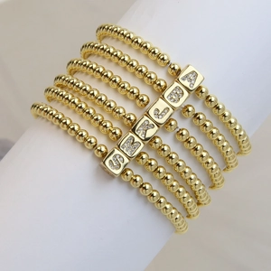 18K Gold Plated Copper Beaded Elastic Bracelet With Rhinestone Square Initial Letter Personalized Trendy Jewelry For Women