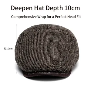 Brown vintage men's wool newsboy cap featuring 10cm deep design and leather brim trim