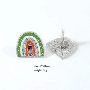Detailed view of rainbow hoop earrings with HO HO HO text and silver glitter back
