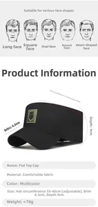 Detailed sizing chart for black camouflage flat top cap with gold embroidery