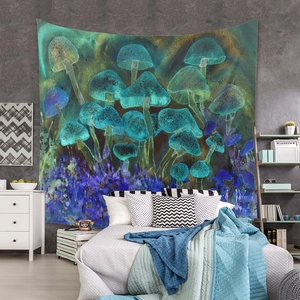 Close-up detail of a psychedelic mushroom tapestry with vibrant blue and green forest design