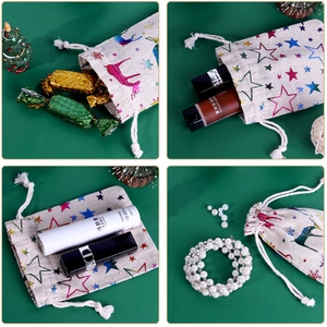 Christmas cotton linen drawstring gift bags with star and reindeer gold foil patterns