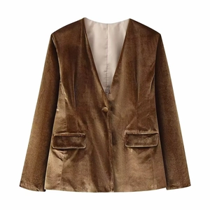 Deep brown velvet blazer with V-neck and single button on a white background