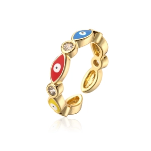 Detailed close-up of 18K gold plated evil eye ring with colorful enamel and cubic zirconia