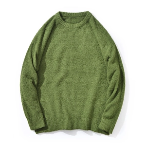 Men's loose casual crewneck knitted sweater in olive green with a soft textured finish