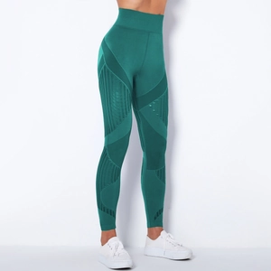 Detailsicht der hoch taillierten nahtlosen Yoga-Leggings mit Mesh-Einsätzen in Petrol