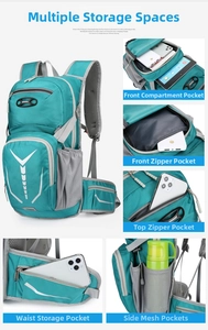 Detail view of cyan cycling backpack showing multiple storage compartments and mesh pockets
