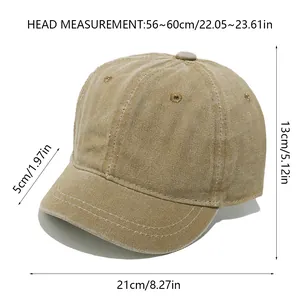 Detailed size chart for washed short brim baseball cap showing measurements and head size